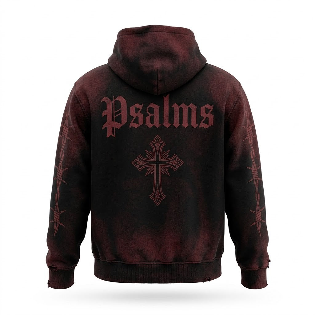 Psalms Wire Hoodie back - oxblood Psalms and cross