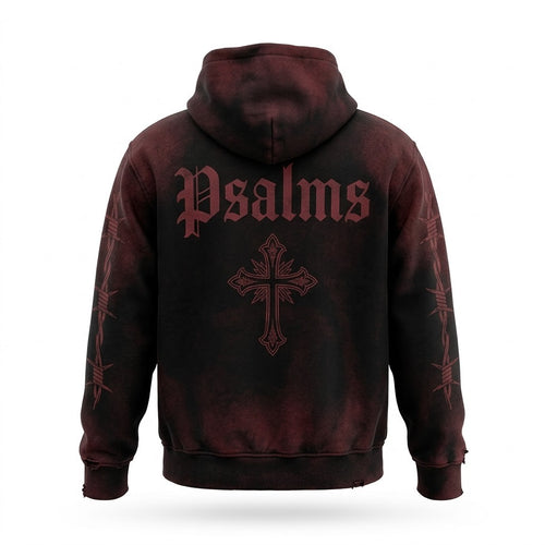 Psalms Wire Hoodie back - oxblood Psalms and cross