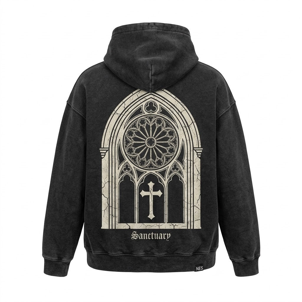 Sanctuary Arch Hoodie back - bone cathedral arch print