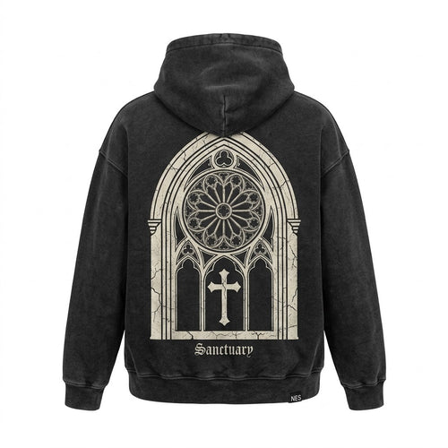 Sanctuary Arch Hoodie back - bone cathedral arch print