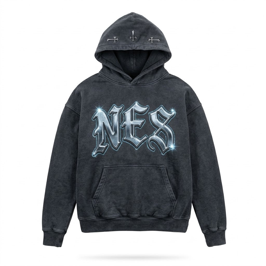 Chrome Ice Hoodie front - chrome NES with rhinestones