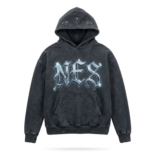 Chrome Ice Hoodie front - chrome NES with rhinestones